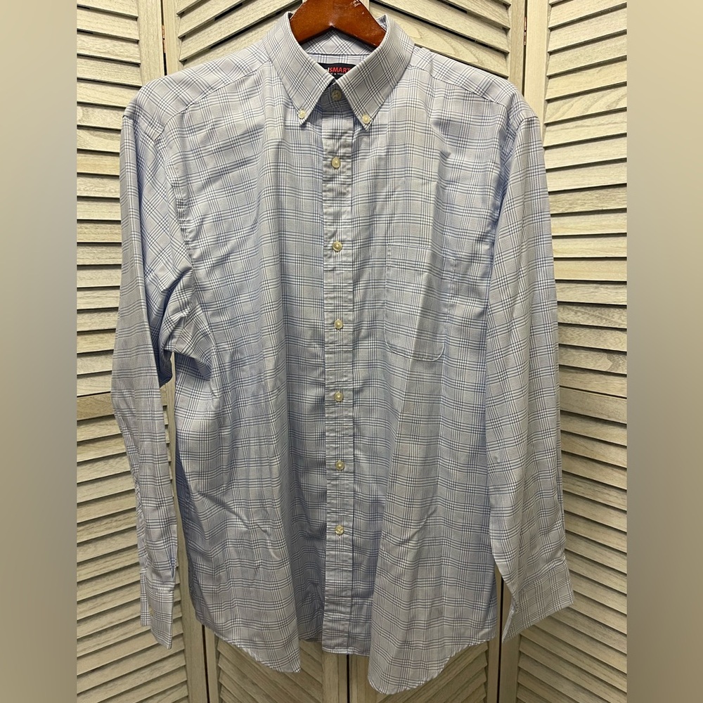 Men’s Roundtree & Yorke Blue Plaid Long-Sleeve Dress Shirt w/ Button Down Collar